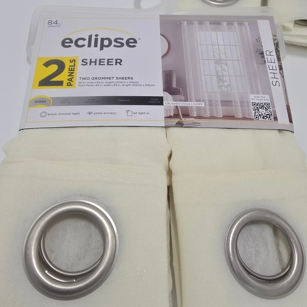 Eclipse 4 Sheer Curtain Panels 84x40 inch Crushed Voile Ivory Silver Grommets